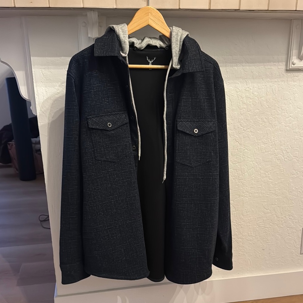 Men's Black Shirt Jacket with Gray Hood